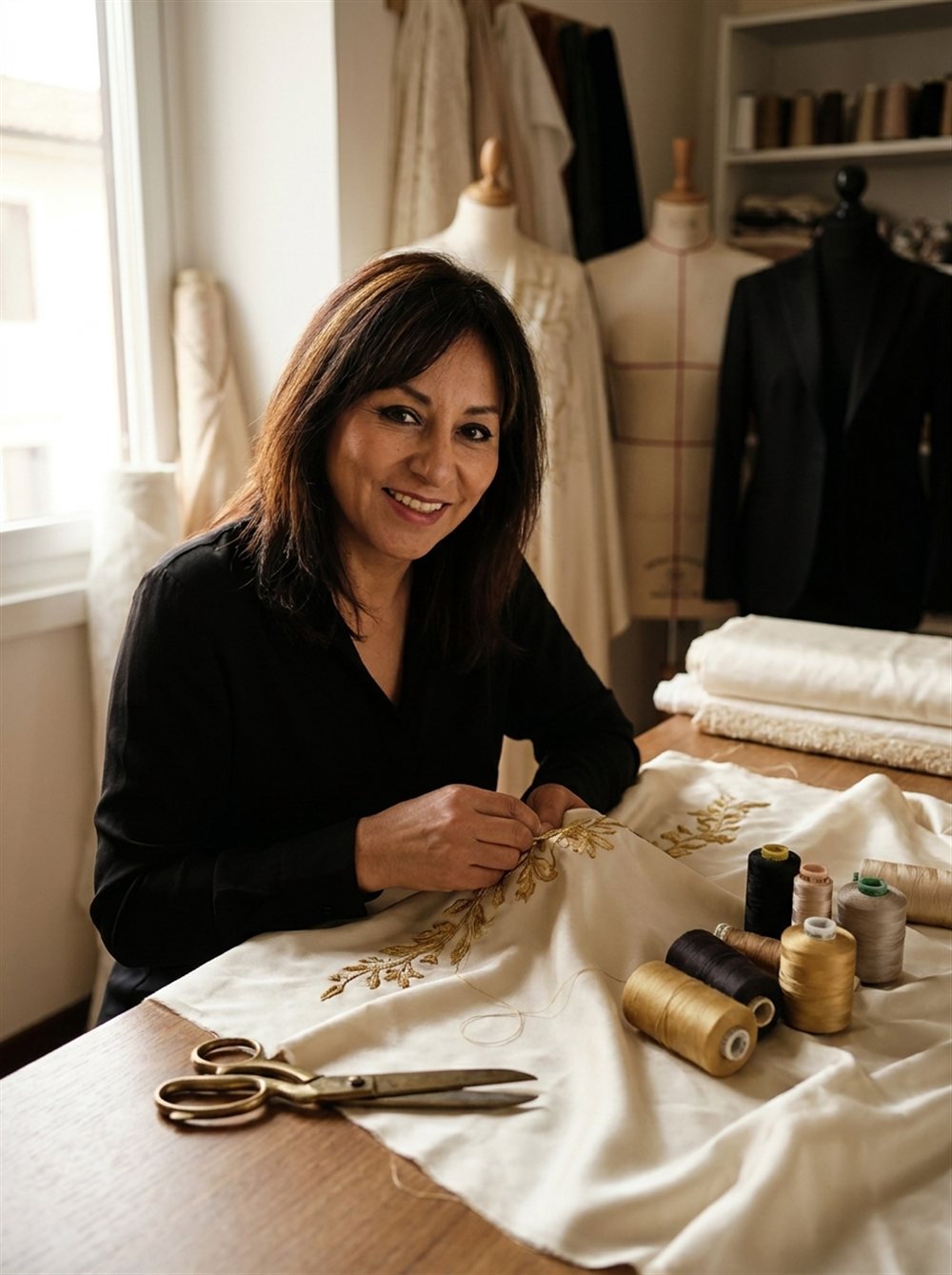 Bea mentre ricama a mano un filo d'oro nel suo laboratorio di sartoria a Roma